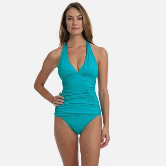 NWT La Blanca Island Goddess Ruched Halter Tankini Top In Turquoise - 6 - Picture 1 of 7